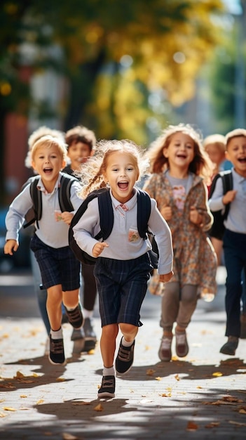 Foto un grupo de niños están corriendo y sonriendo