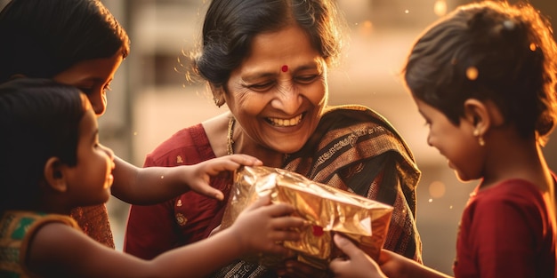 Un grupo de niños le están dando un regalo a una mujer india.