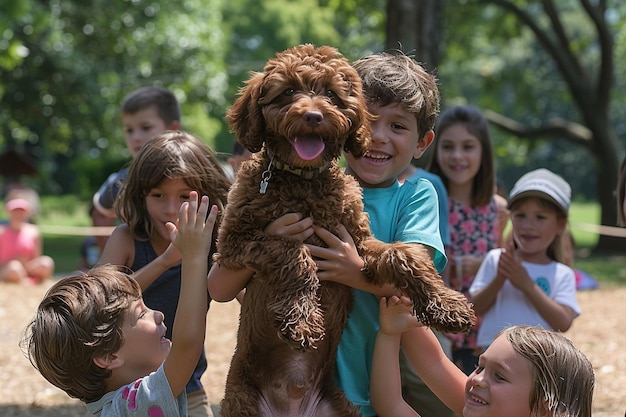 Un grupo de niños están jugando con un perro marrón