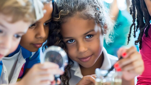 Un grupo de niños están llevando a cabo un experimento científico en un aula están mirando un vaso de líquido a través de una lupa