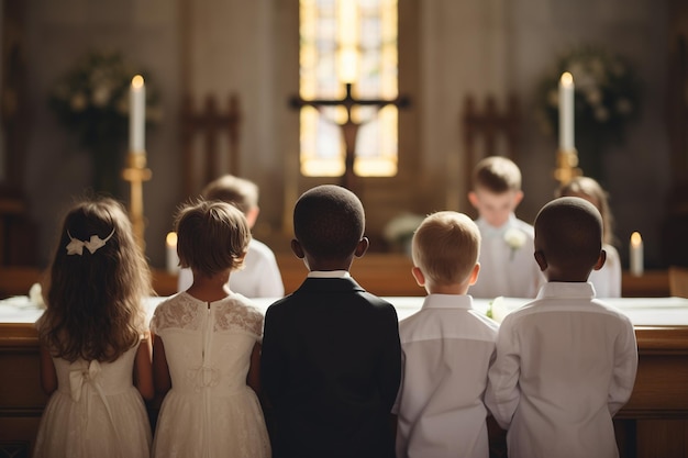 Foto un grupo de niños están sentados frente a una iglesia