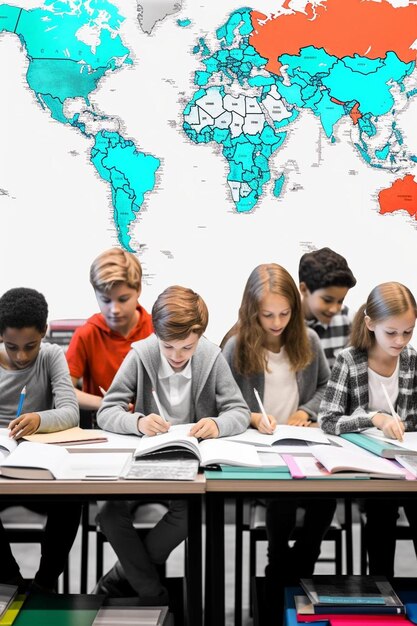 Foto un grupo de niños están sentados en una mesa con un mapa del mundo en él