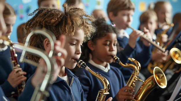 Foto un grupo de niños están tocando instrumentos musicales en una banda escolar todos llevan uniformes azules y parecen felices y comprometidos