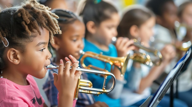 Foto un grupo de niños están tocando trompetas en una banda escolar todos están muy enfocados en la música