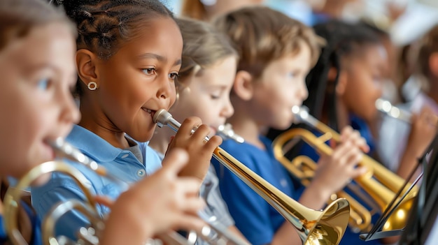 Foto un grupo de niños están tocando trompetas en una banda escolar todos llevan uniformes azules y parecen felices de estar tocando música juntos