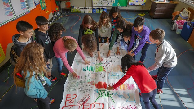 Un grupo de niños están trabajando juntos en un gran proyecto de arte. Están usando marcadores y lápices de colores para dibujar y escribir en un gran pedazo de papel.