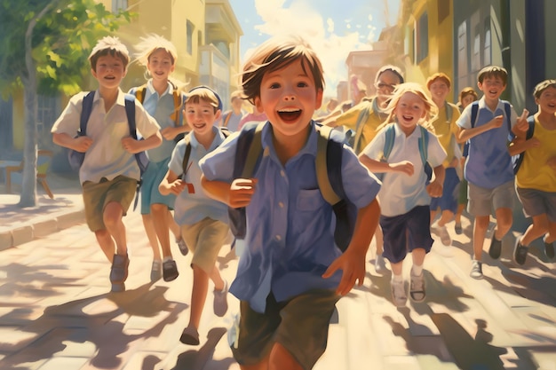 Un grupo de niños estudiantes corriendo por una calle de vuelta al concepto de la escuela
