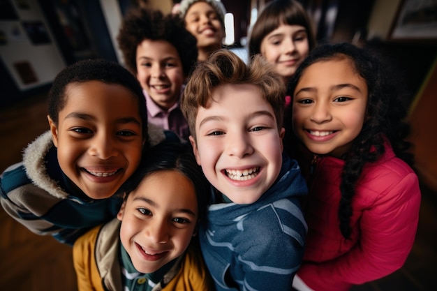 Grupo de niños estudiantes mirando a la cámara de pie en el aula Niños y niñas sonrientes