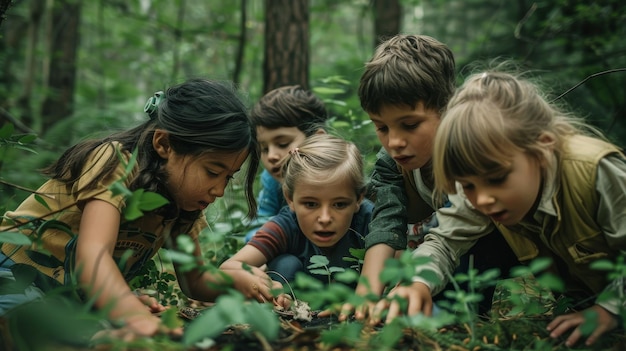 Un grupo de niños explorando el bosque cautivados por un objeto misterioso en la distancia