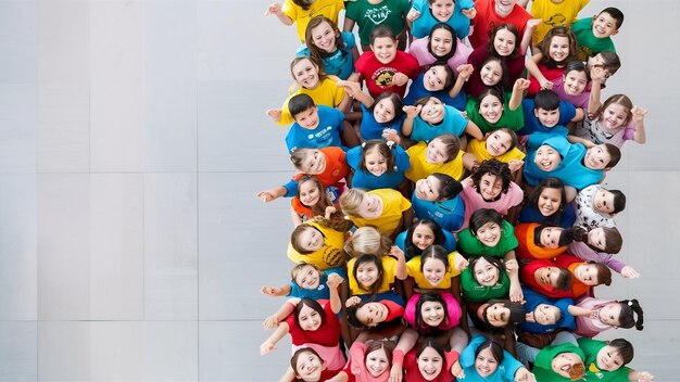 Grupo de niños felices con camisetas coloridas de pie uno detrás del otro sobre un fondo blanco