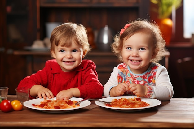 Grupo de niños felices comiendo una deliciosa pizza juntos con espacio vacío para texto o publicidad