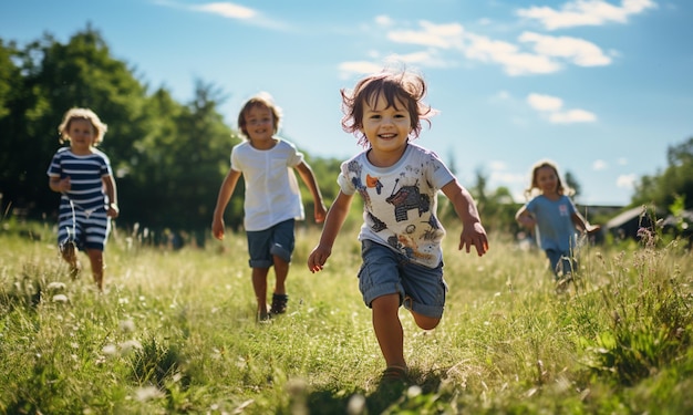 Grupo de niños felices corriendo en el campo verde de verano con fondo de cielo azul