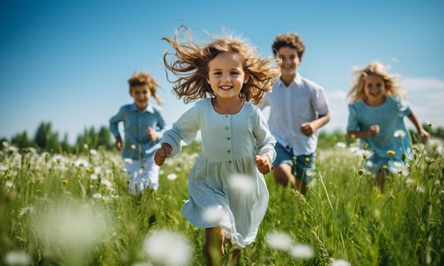 Grupo de niños felices corriendo en el campo verde de verano con fondo de cielo azul