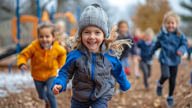Un grupo de niños felices divirtiéndose corriendo en el parque en un día de invierno