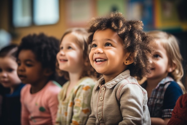 Un grupo de niños felices mirando a su maestra.