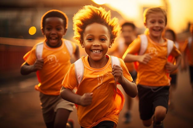 Un grupo de niños felices de niños y niñas corren en el parque en un soleado día de verano el concepto de amistad étnica paz bondad infancia