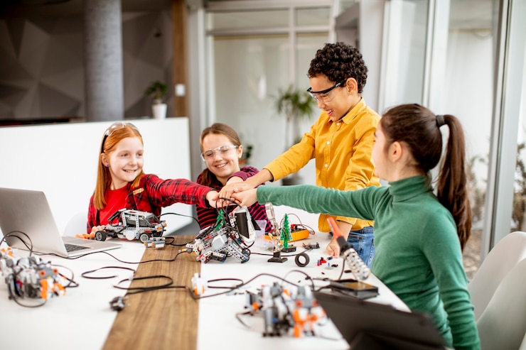 Foto grupo de niños felices que programan juguetes eléctricos y robots en el aula de robótica
