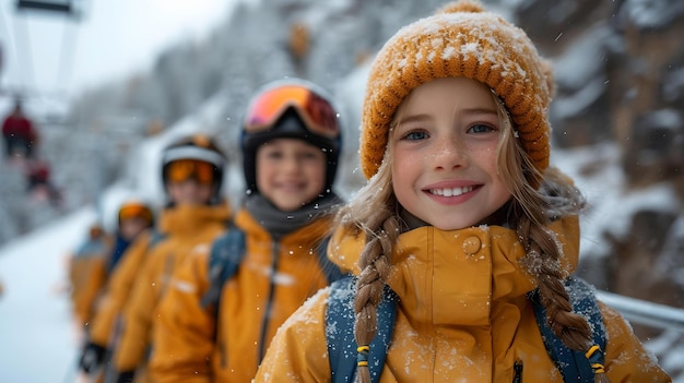 Grupo de niños felices con ropa de invierno disfrutando de un día nevado sonriendo a jóvenes esquiadores listos para la aventura AI