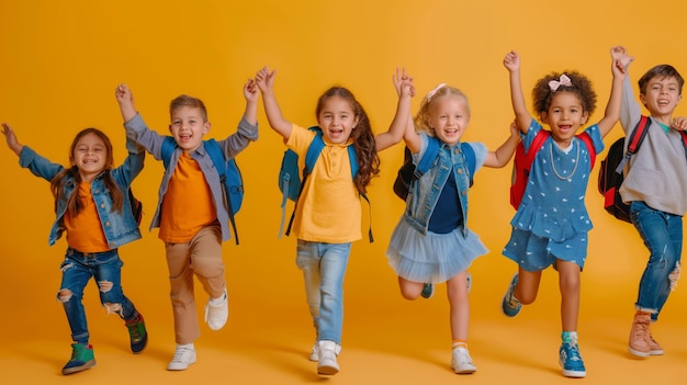 Grupo de niños felices saltando en unidad