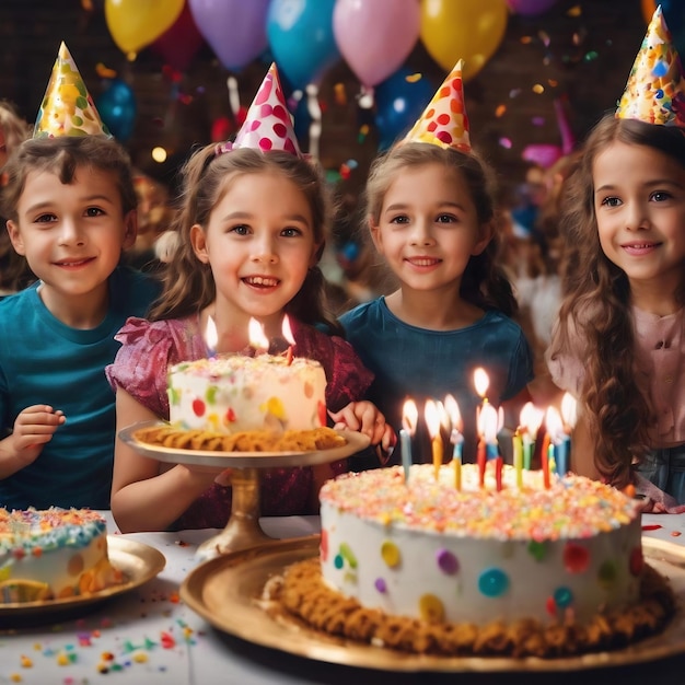 Grupo de niños en una fiesta de cumpleaños con pastel