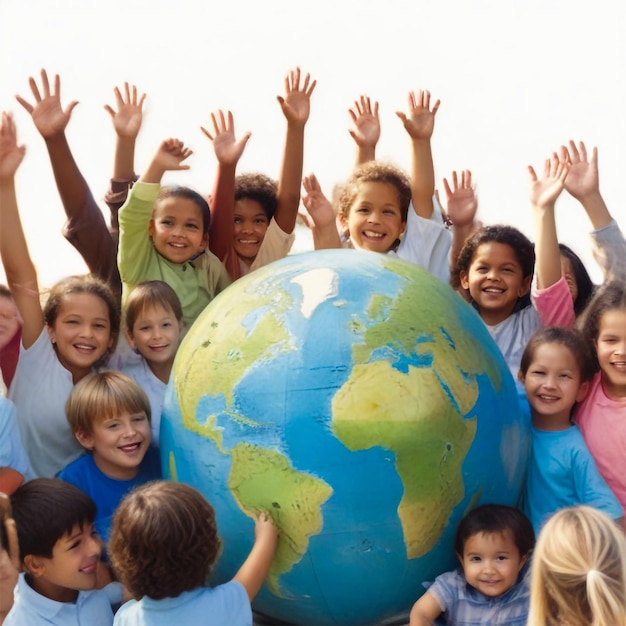 un grupo de niños con un globo con la palabra tierra en él