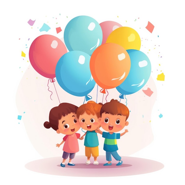 Un grupo de niños con globos que dicen feliz cumpleaños.