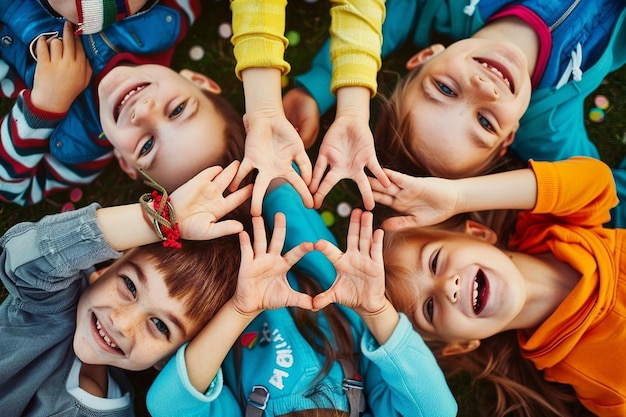 Foto un grupo de niños haciendo un corazón con sus manos