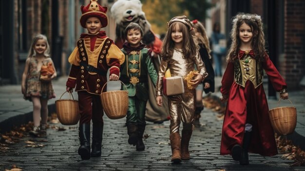 Foto un grupo de niños haciendo trucos con disfraces.