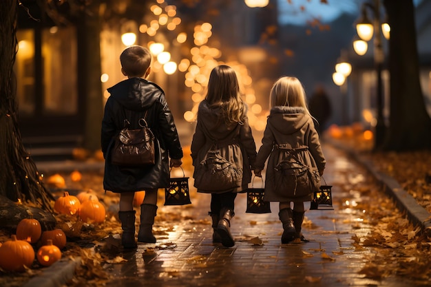 Un grupo de niños haciendo trucos en los suburbios de una ciudad durante Halloween