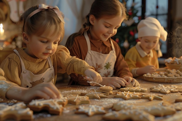 Grupo de niños horneando y decorando galletas para el