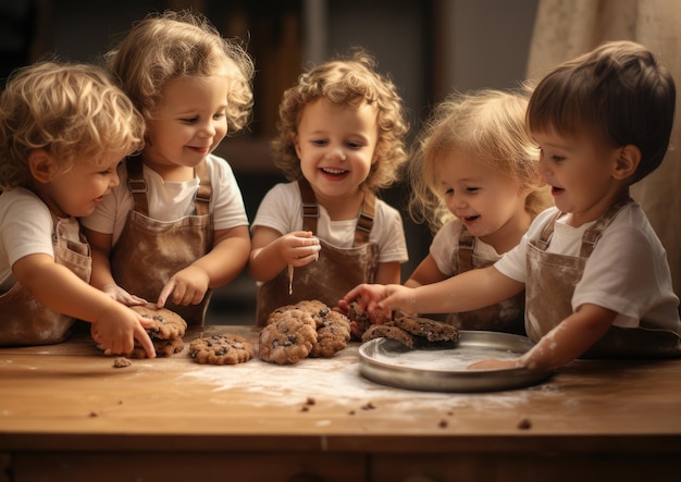 Un grupo de niños horneando galletas bajo la supervisión de un adulto.