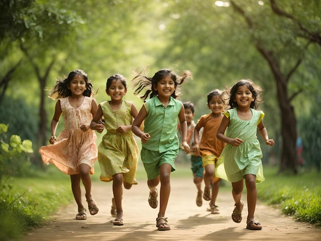 Grupo de niños indios juguetones y felices corriendo al aire libre en el parque