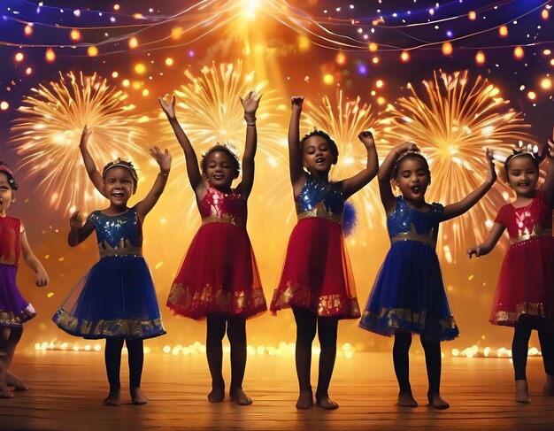 Foto un grupo de niños interpretando una canción y una danza de año nuevo
