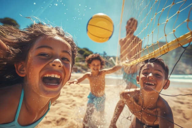 Un grupo de niños jugando al voleibol en una playa