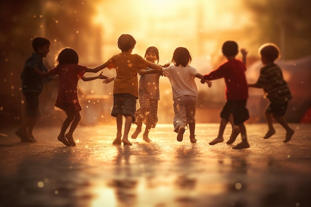 Un grupo de niños jugando un amistoso juego de etiquetas Día del Niño