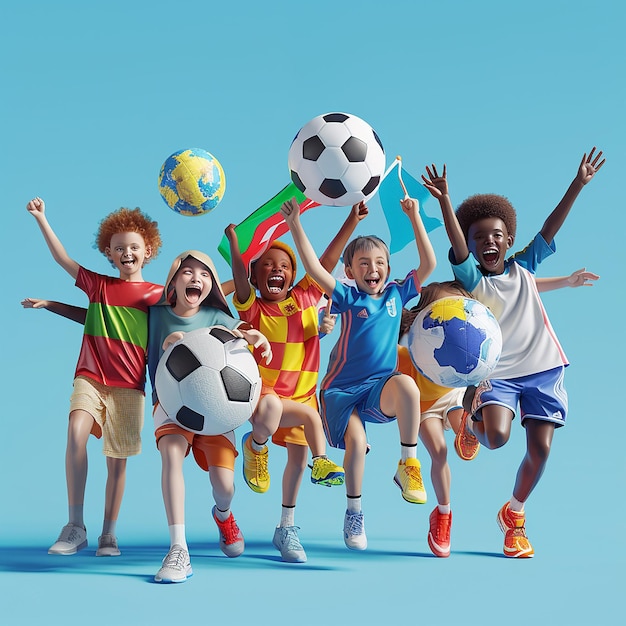 un grupo de niños jugando con bolas de fútbol en el aire