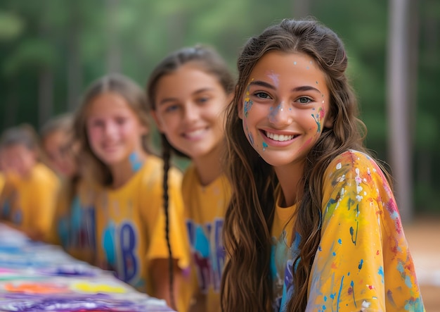 Grupo de niños jugando en un campamento de verano niños alegres haciendo actividades de aventura en una cámara de naturaleza