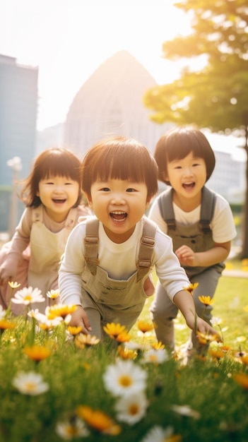 un grupo de niños jugando en un campo de flores