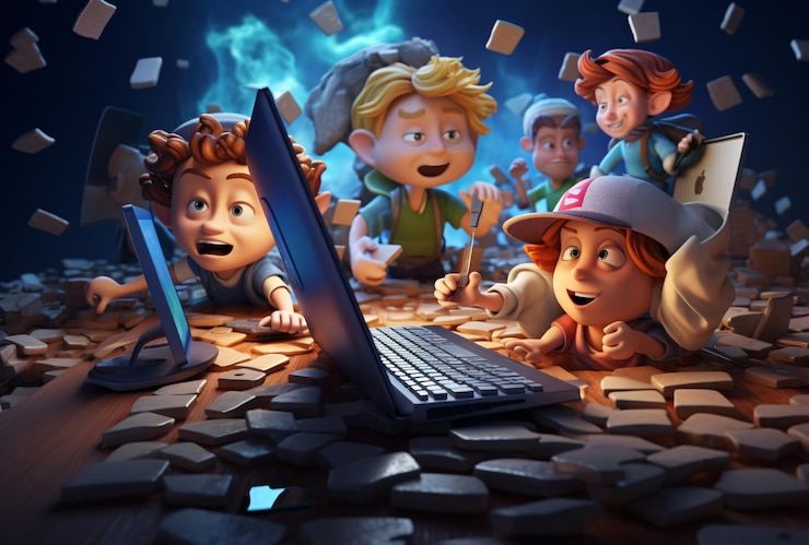 Foto un grupo de niños jugando con una computadora portátil ia generativa