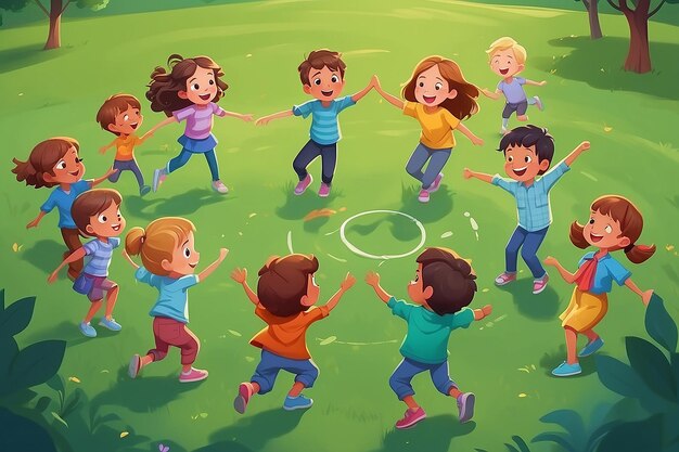 Foto grupo de niños jugando y divirtiéndose en la naturaleza hierba verde en el parque amigos de la mano y corriendo