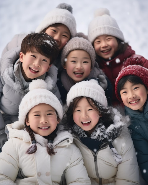 Grupo de niños jugando divirtiéndose en la nieve.