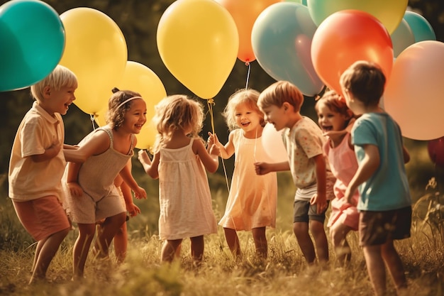 Un grupo de niños jugando con globos en un campo.