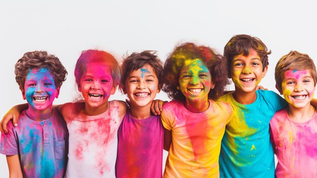 Un grupo de niños jugando Holi juntos.