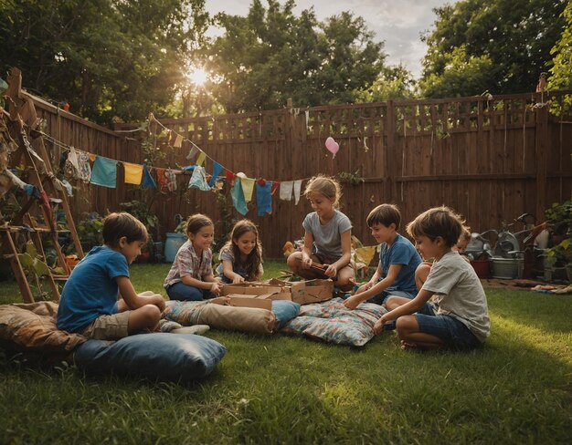 un grupo de niños jugando un juego de juego con un estandarte colgando por encima de ellos