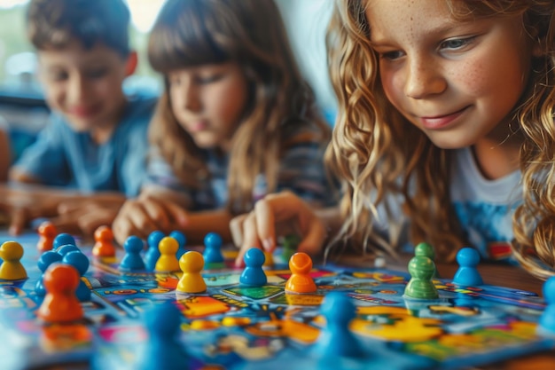 Foto grupo de niños jugando a un juego de mesa