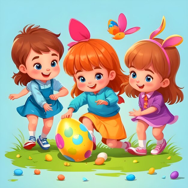 Foto grupo de niños jugando juegos como rodar huevos o golpear huevos el lunes de pascua ilustración imagen