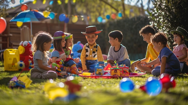 Grupo de niños jugando con juguetes en un día soleado en el jardín