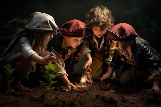 Un grupo de niños jugando con una luz en la tierra