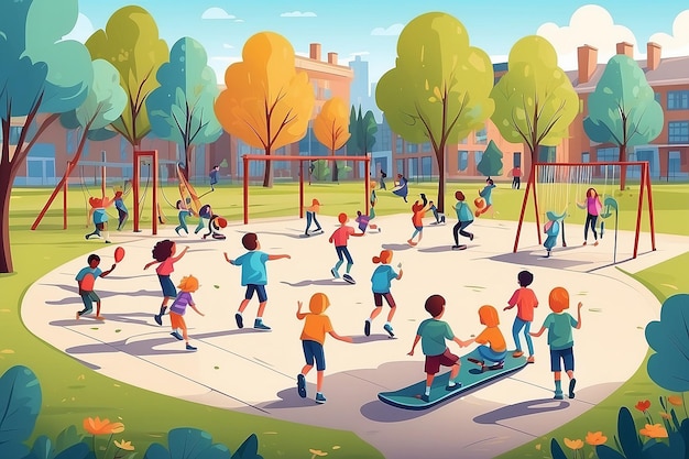 Grupo de niños jugando en un parque público o en el patio de recreo de la escuela