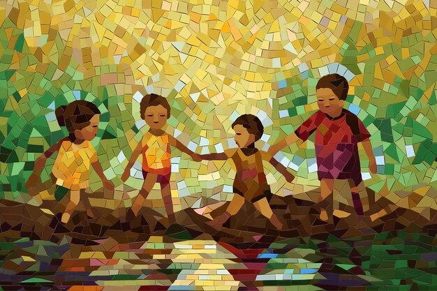 Grupo de niños jugando en la playa en mosaico colorido Ilustración para el día del niño